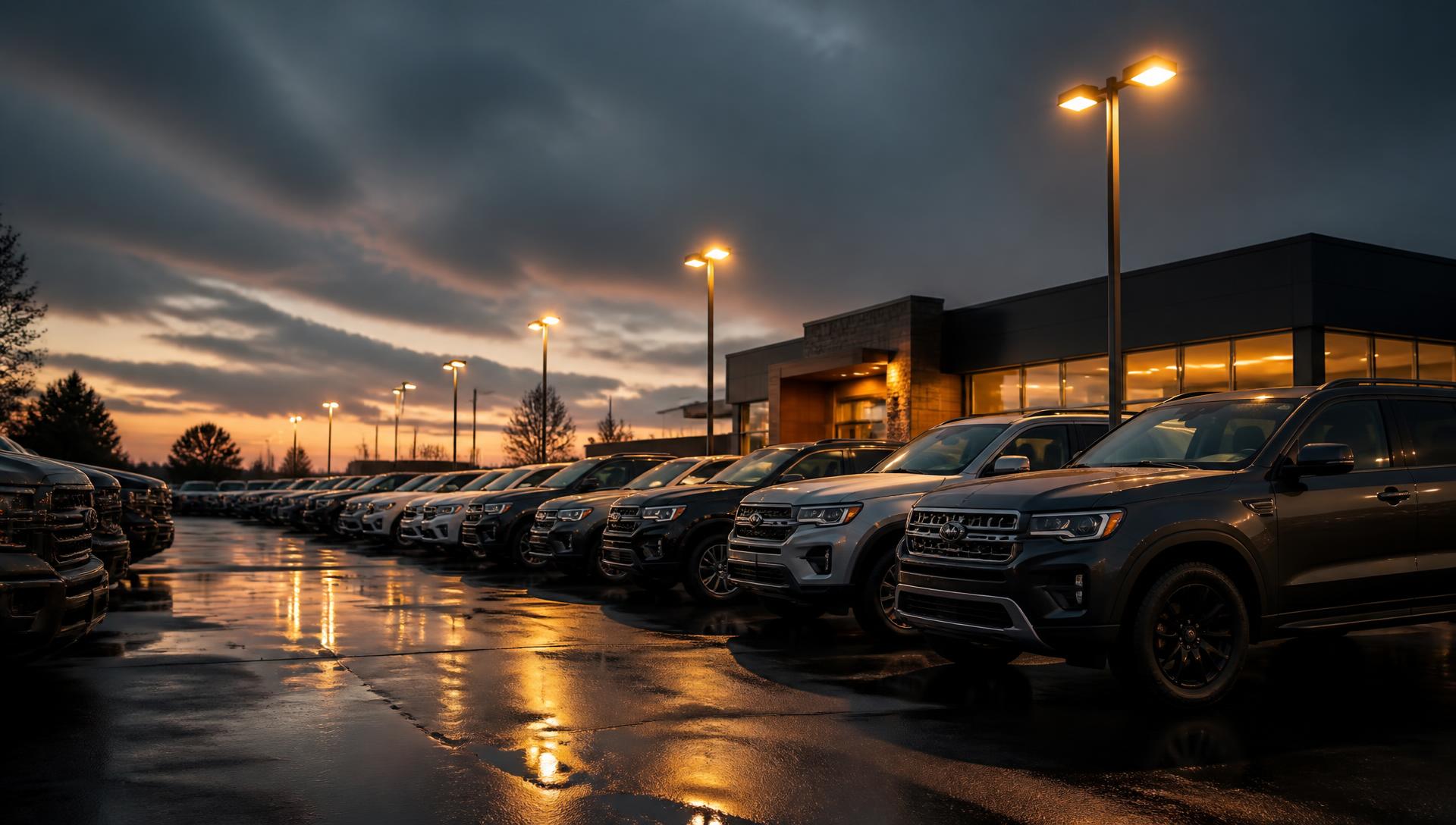 QuickLink Cars dealership lot at dusk
